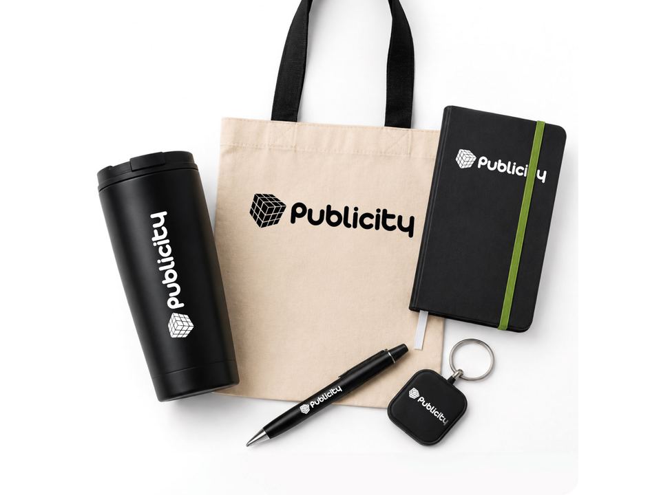 Kit de merchandising propio de Publicity: termo, tote bag, libreta y llavero